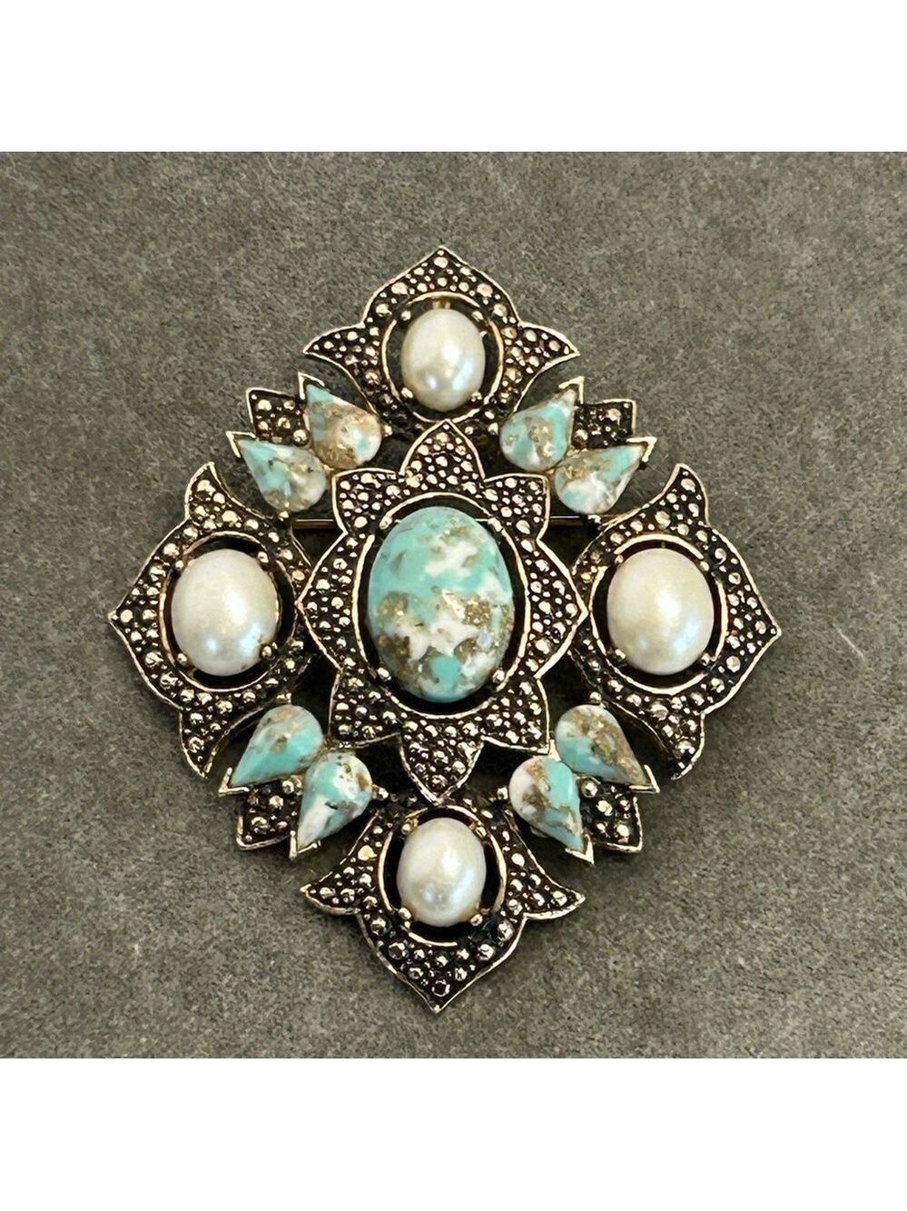 Vintage SARAH COVENTRY brooch/pendant Faux pearl turquoise cabochon Victorian